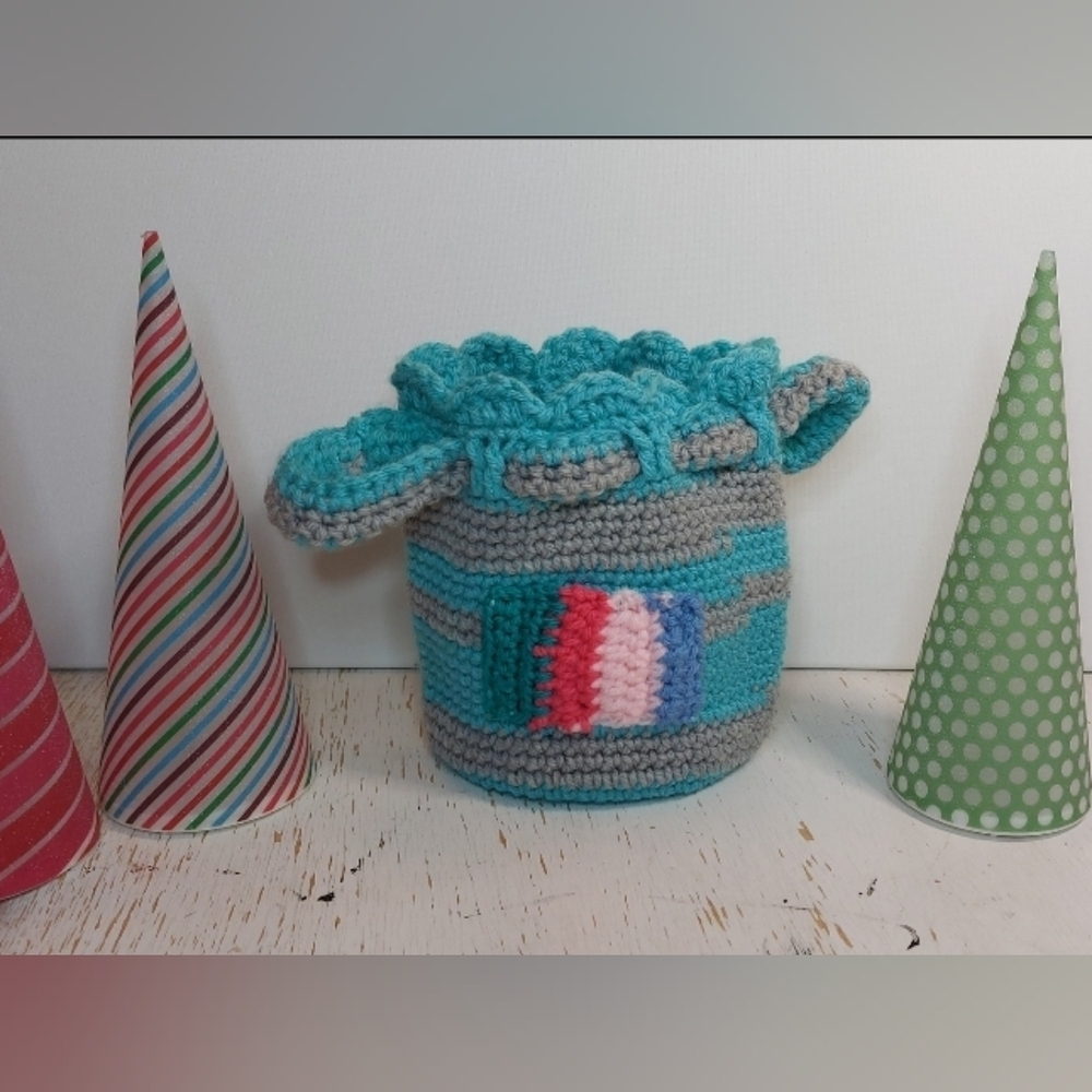 Turquoise and Grey Striped Pouch with Colorful Design Cute Gift Bag Boho Retro